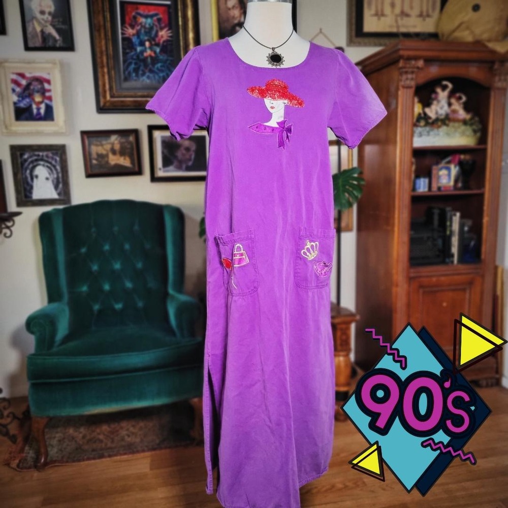 Sarah's Tea Party Dress Vintage 90s Women's Purple Red Hat Society Maxi‎ Medium